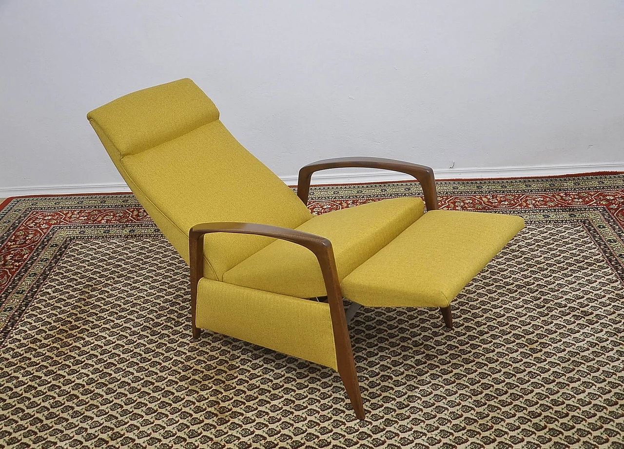 Yellow armchair with folding footstool in stained beech, 1960s 11