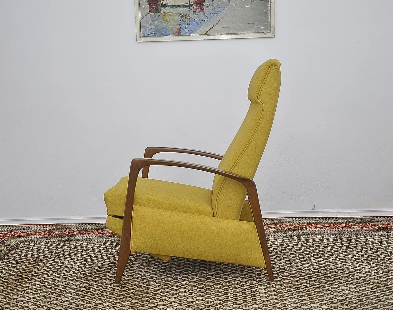Yellow armchair with folding footstool in stained beech, 1960s 12