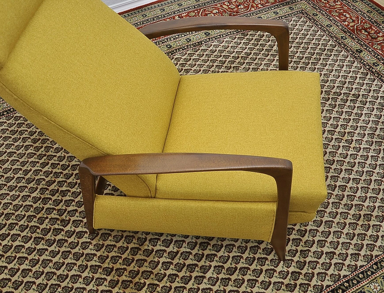 Yellow armchair with folding footstool in stained beech, 1960s 13
