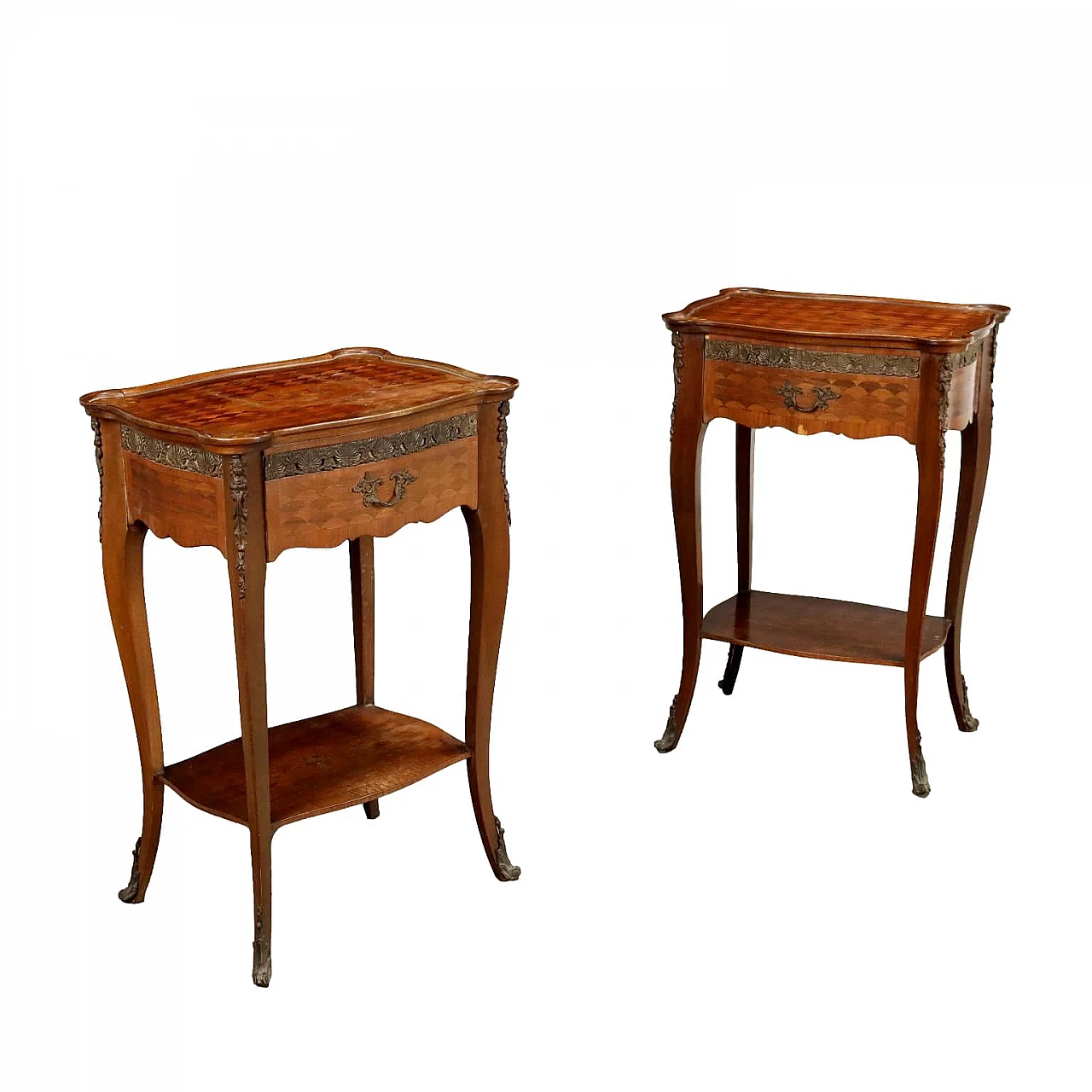 Pair of wood bedside tables with inlays and bronze details 1