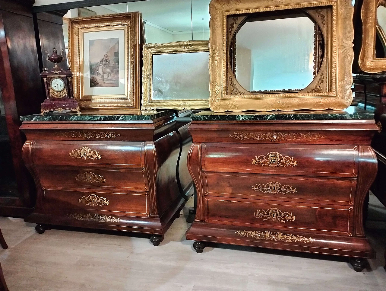 Coppia di comò spagnoli in palissandro con marmi verdi, '800 11