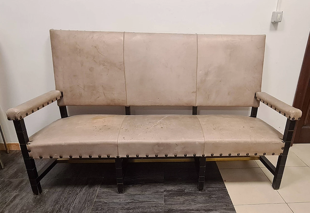 Three-seater black lacquered wood, gray leather and brass sofa, 1980s 2