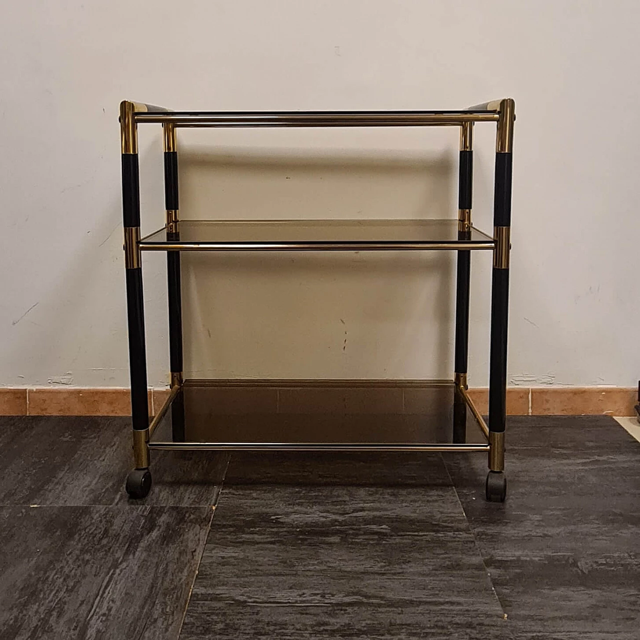 Lacquered wood, brass and glass bar cart by Tommaso Barbi, 1970s 1