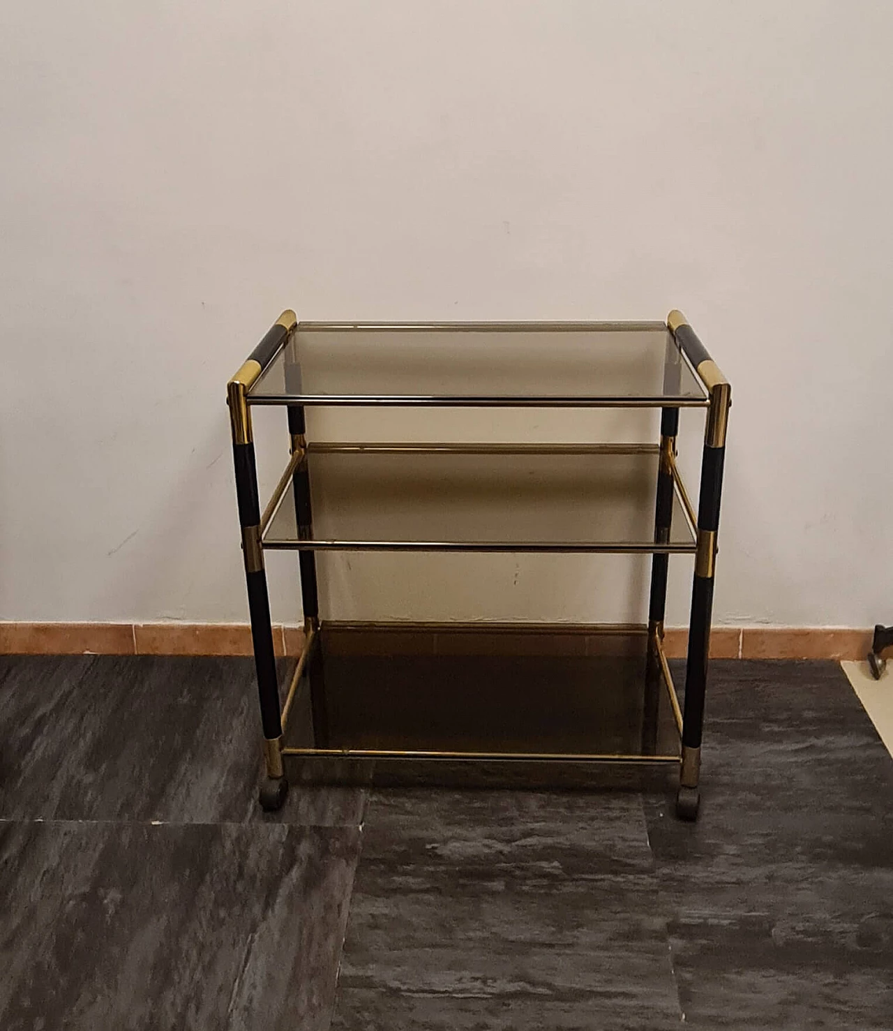 Lacquered wood, brass and glass bar cart by Tommaso Barbi, 1970s 2