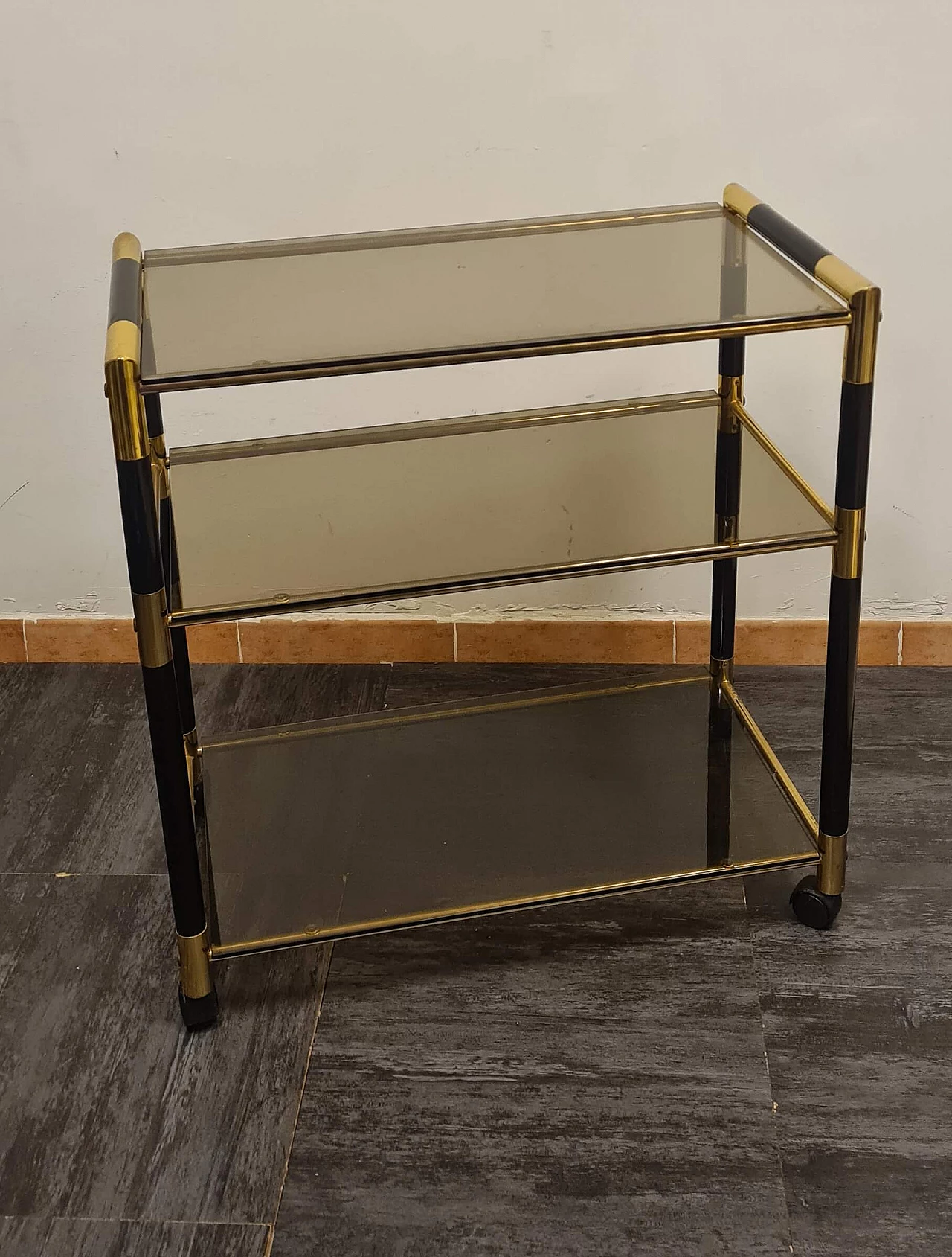 Lacquered wood, brass and glass bar cart by Tommaso Barbi, 1970s 3
