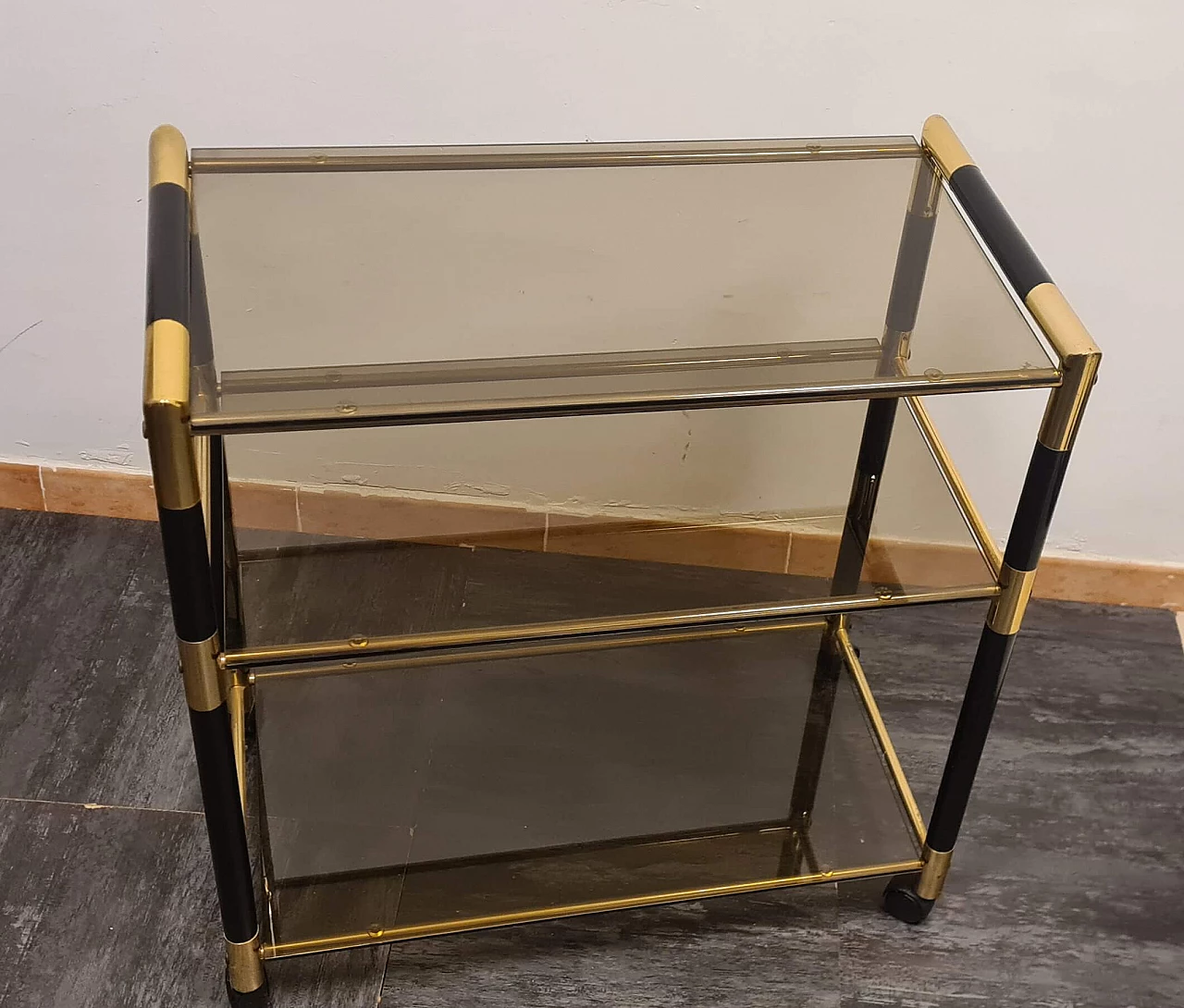 Lacquered wood, brass and glass bar cart by Tommaso Barbi, 1970s 4