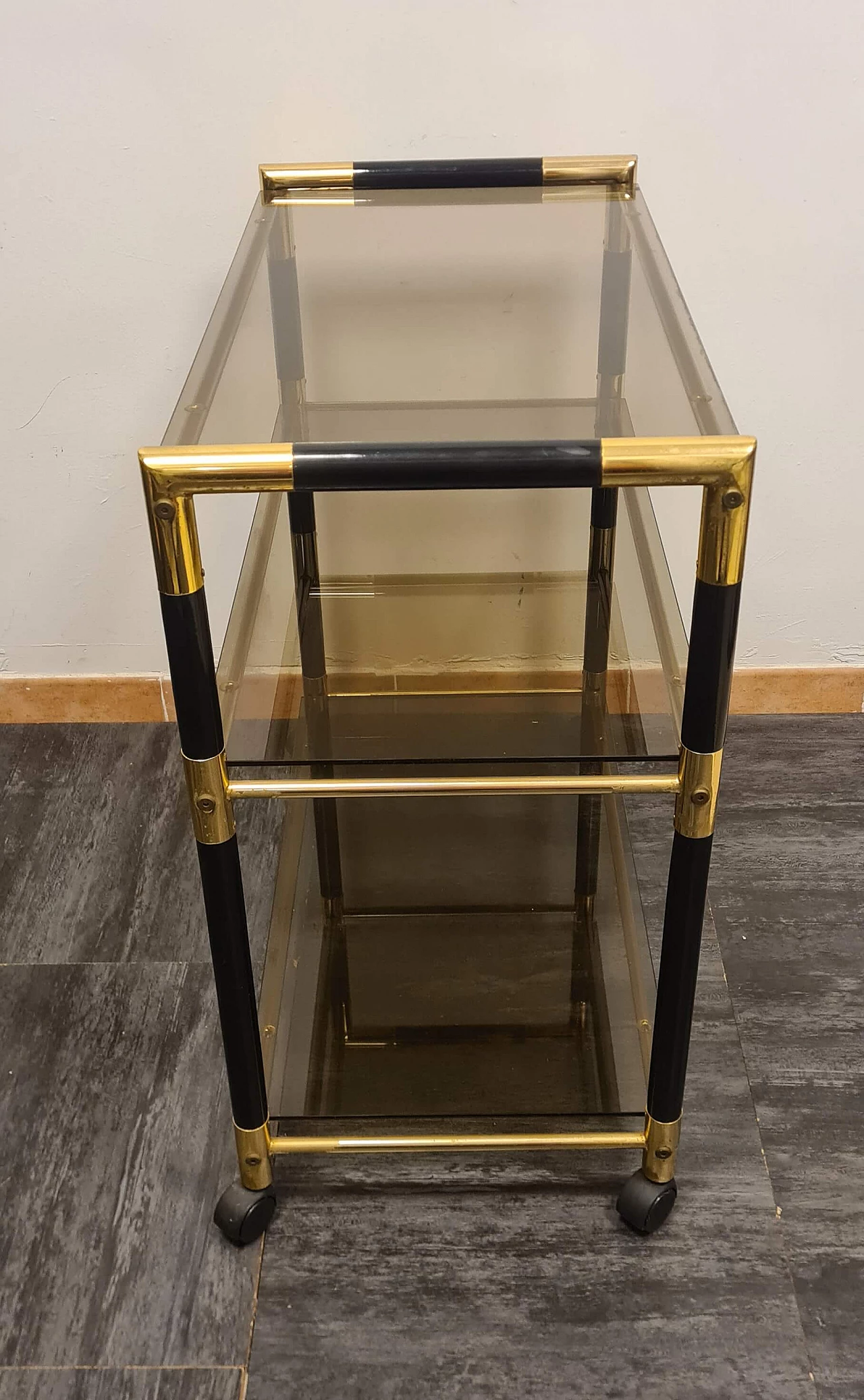 Lacquered wood, brass and glass bar cart by Tommaso Barbi, 1970s 5