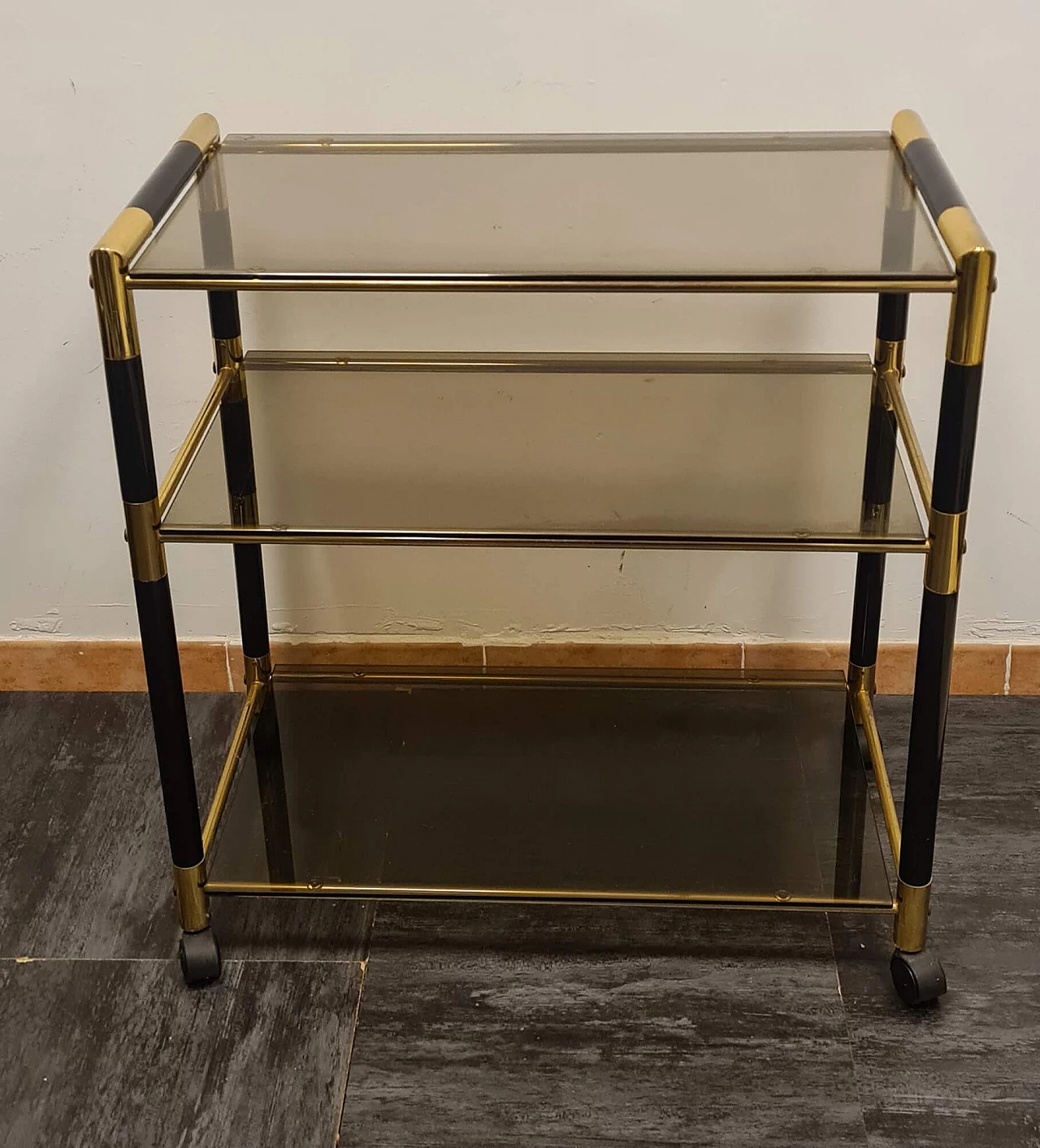 Lacquered wood, brass and glass bar cart by Tommaso Barbi, 1970s 6