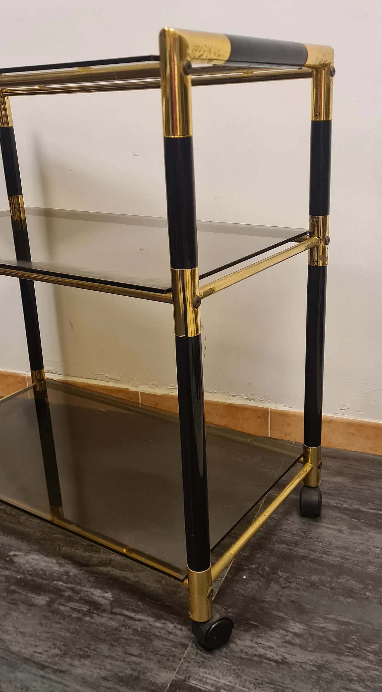 Lacquered wood, brass and glass bar cart by Tommaso Barbi, 1970s 7