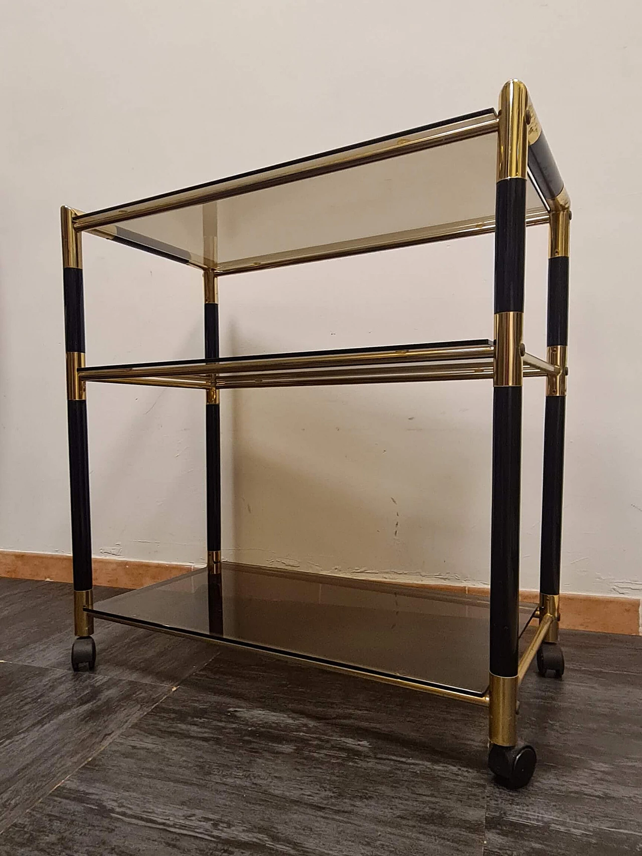 Lacquered wood, brass and glass bar cart by Tommaso Barbi, 1970s 9