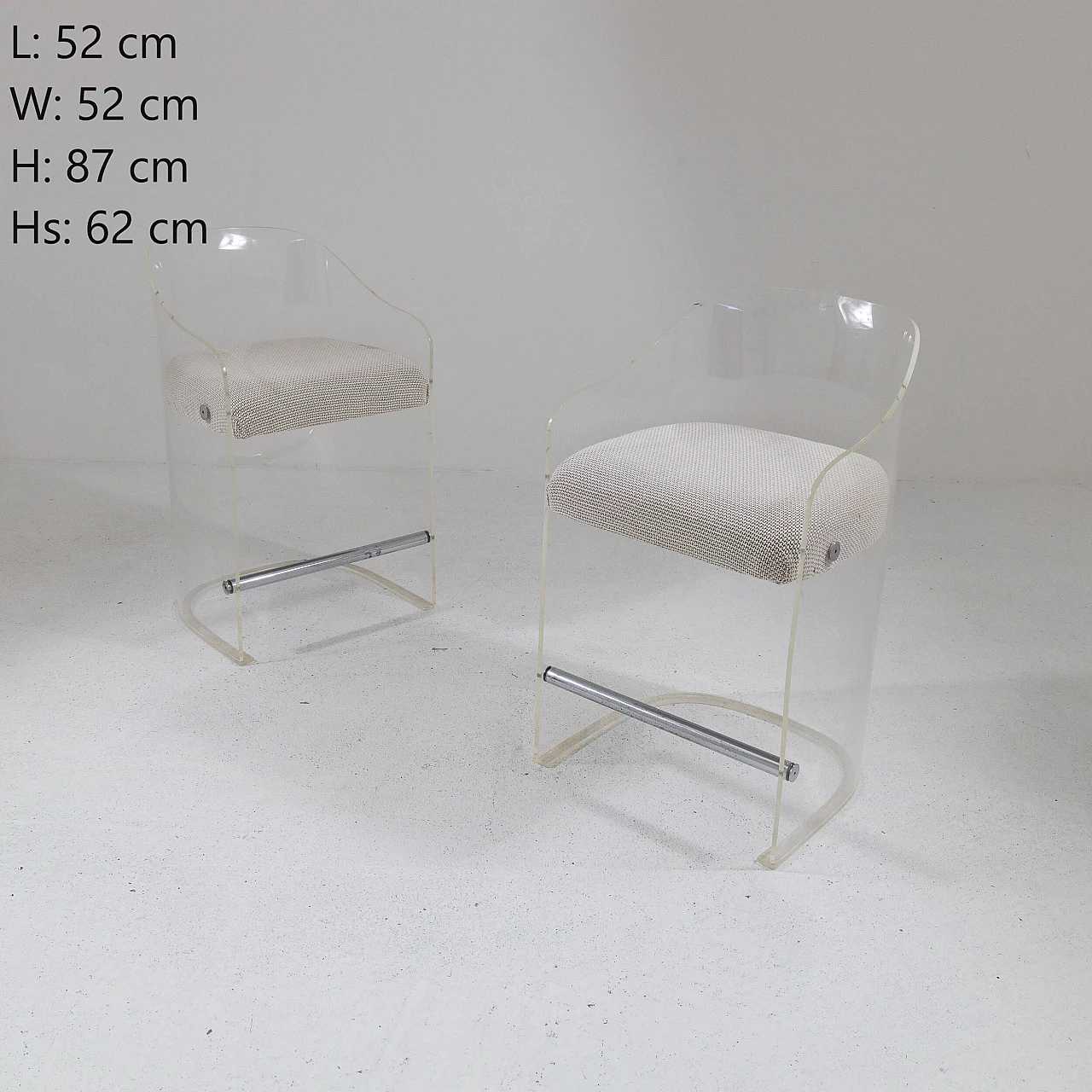Pair of plexiglass, metal and fabric armchairs, 1960s 1