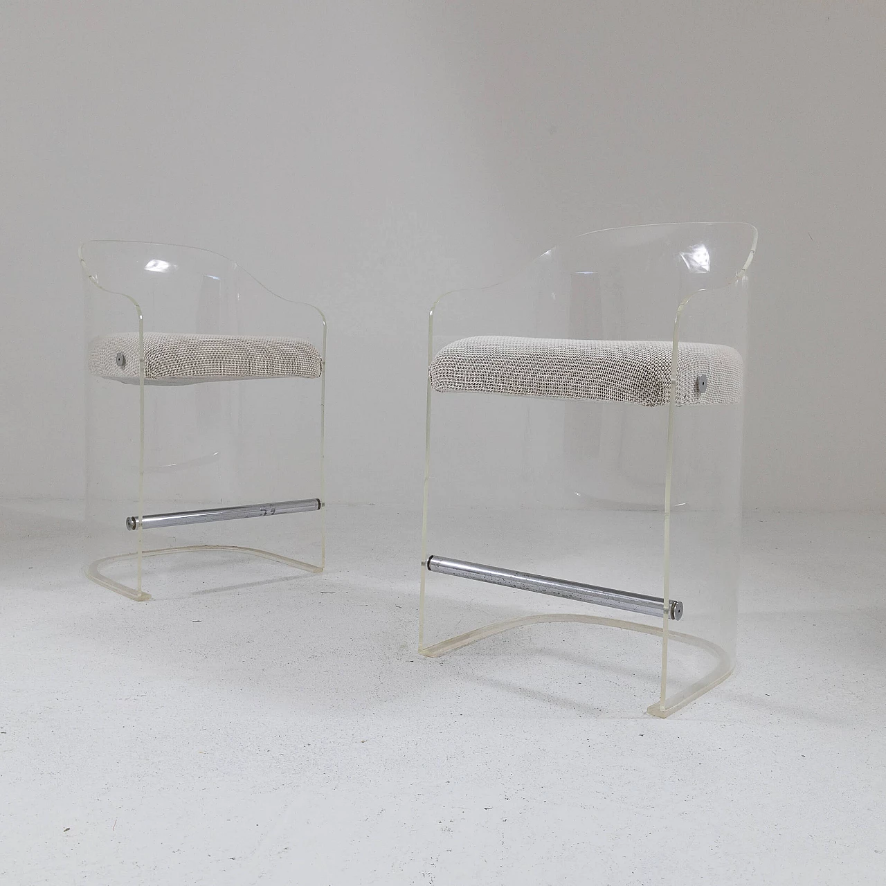 Pair of plexiglass, metal and fabric armchairs, 1960s 2