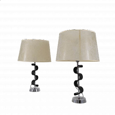 Pair of chromed and varnished metal table lamps, 1950s