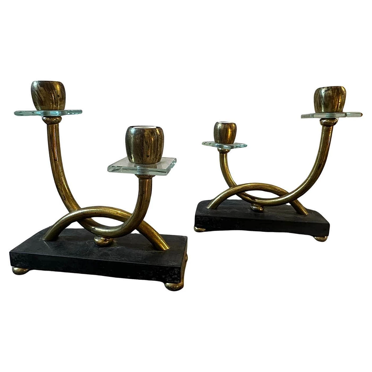 Pair of brass, marble and glass table lamps in the style of Gio Ponti, 1930s 1