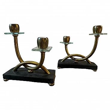 Pair of brass, marble and glass table lamps in the style of Gio Ponti, 1930s
