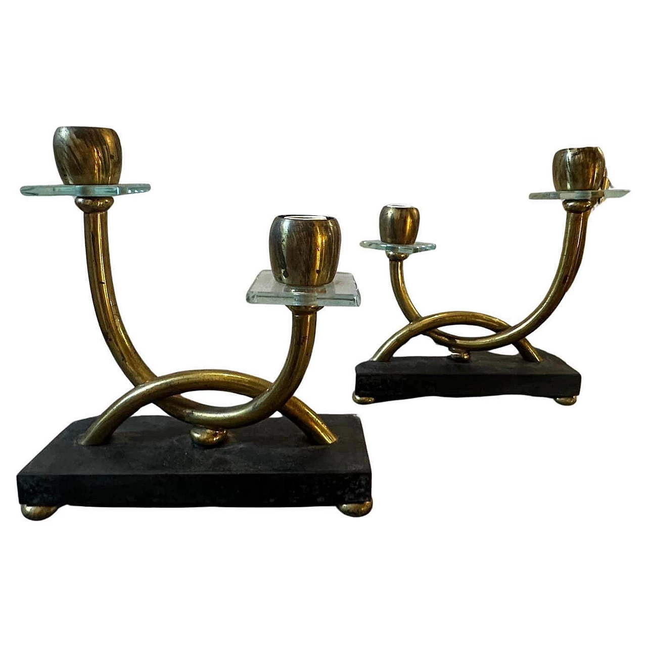 Pair of brass, marble and glass table lamps in the style of Gio Ponti, 1930s 2