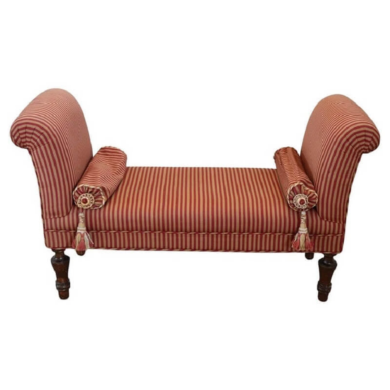 Upholstered bench upholstered in red-striped fabric with beechwood feet, 19th century 1