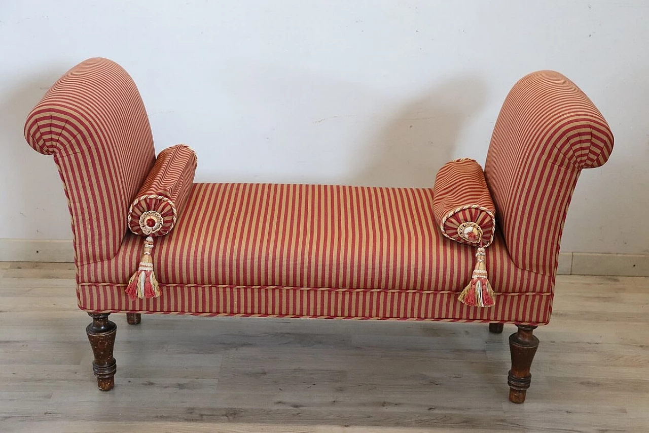 Upholstered bench upholstered in red-striped fabric with beechwood feet, 19th century 10