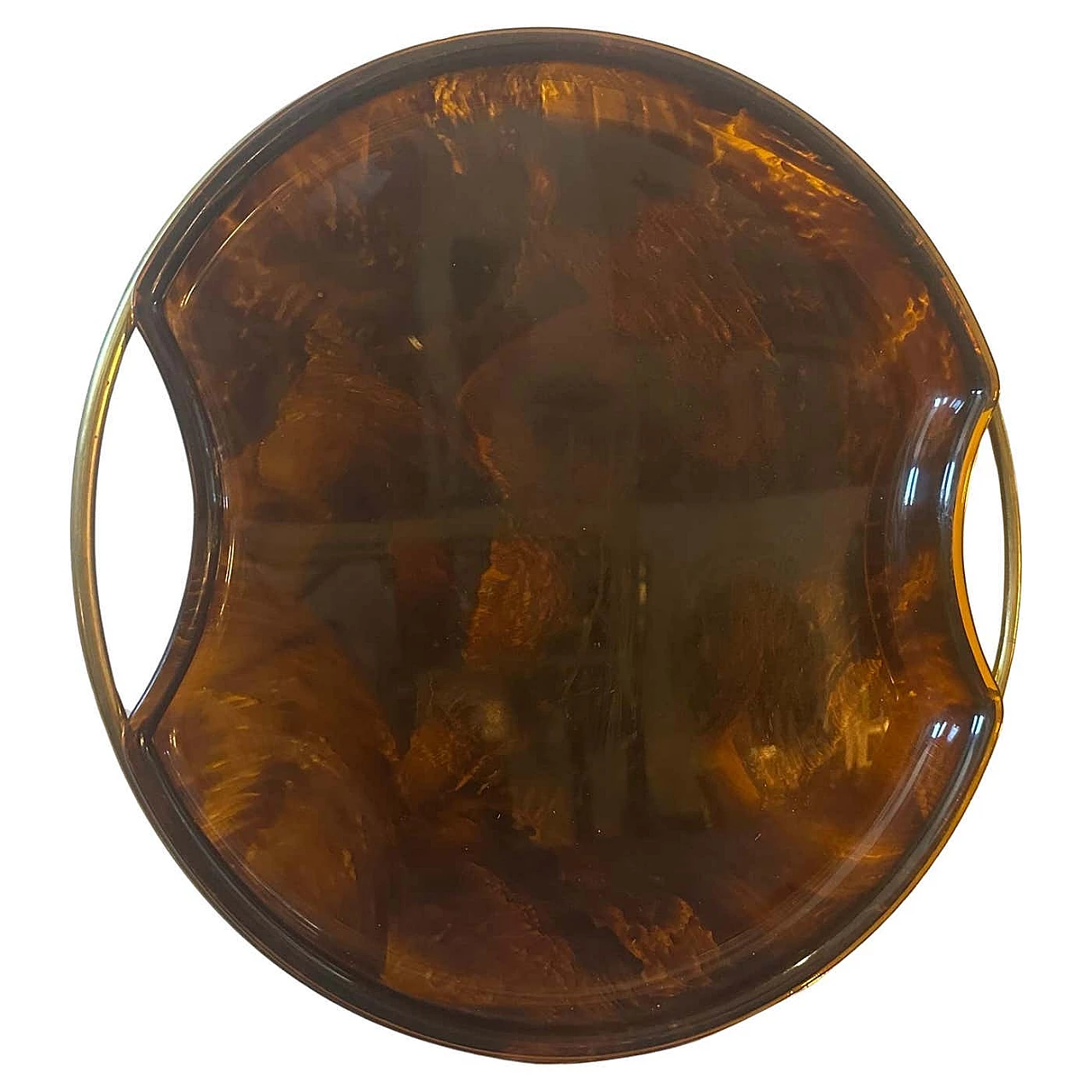 Round brass and mock turtle lucite tray by Guzzini, 1970s 1