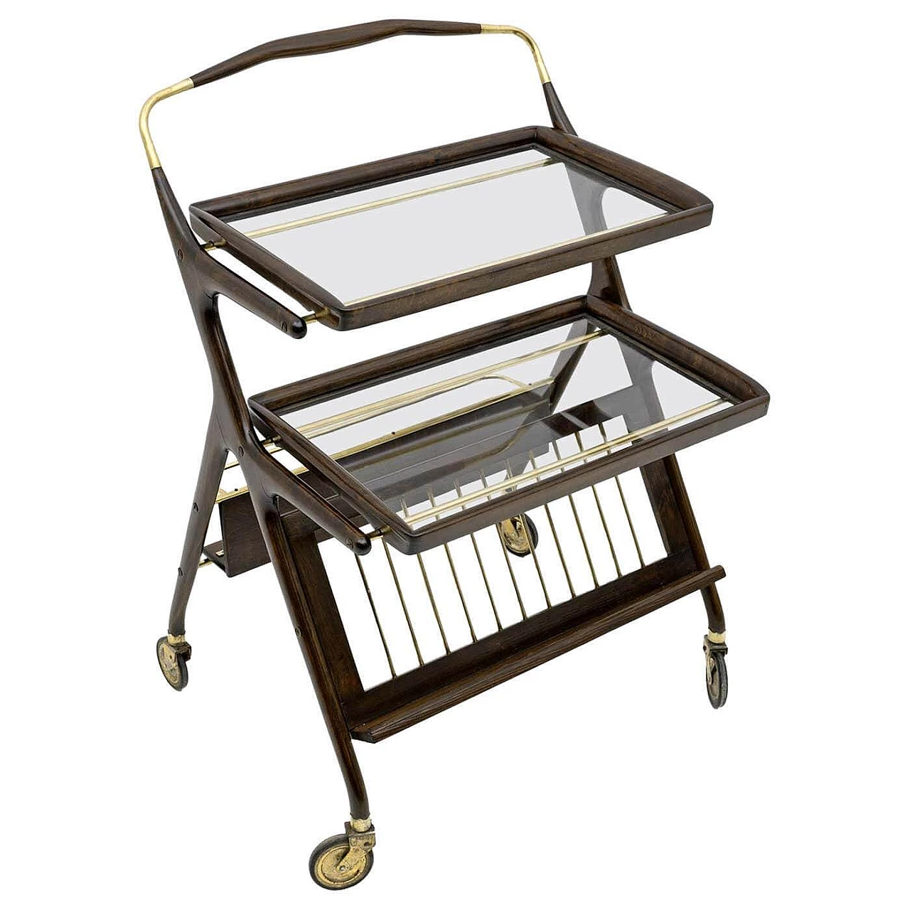 Walnut and brass bar cart by Cesare Lacca for Cassina, 1950s 1