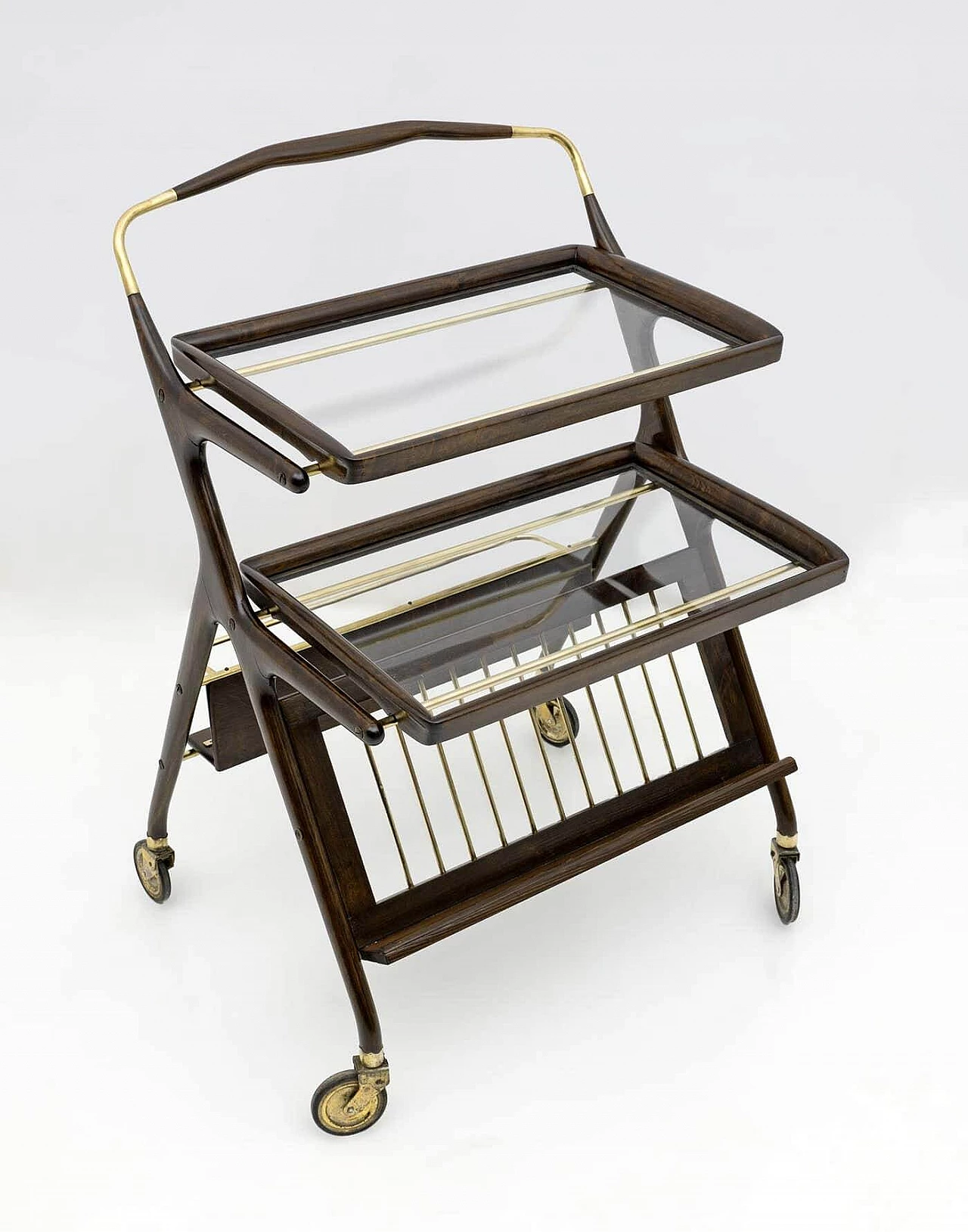 Walnut and brass bar cart by Cesare Lacca for Cassina, 1950s 3