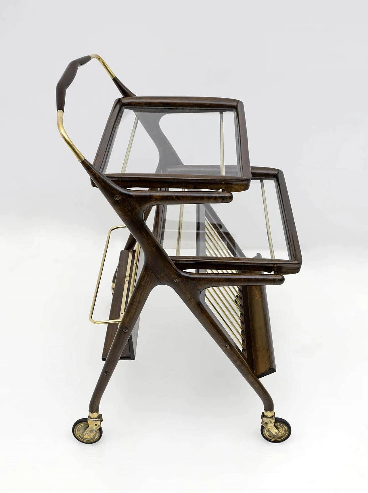 Walnut and brass bar cart by Cesare Lacca for Cassina, 1950s 4