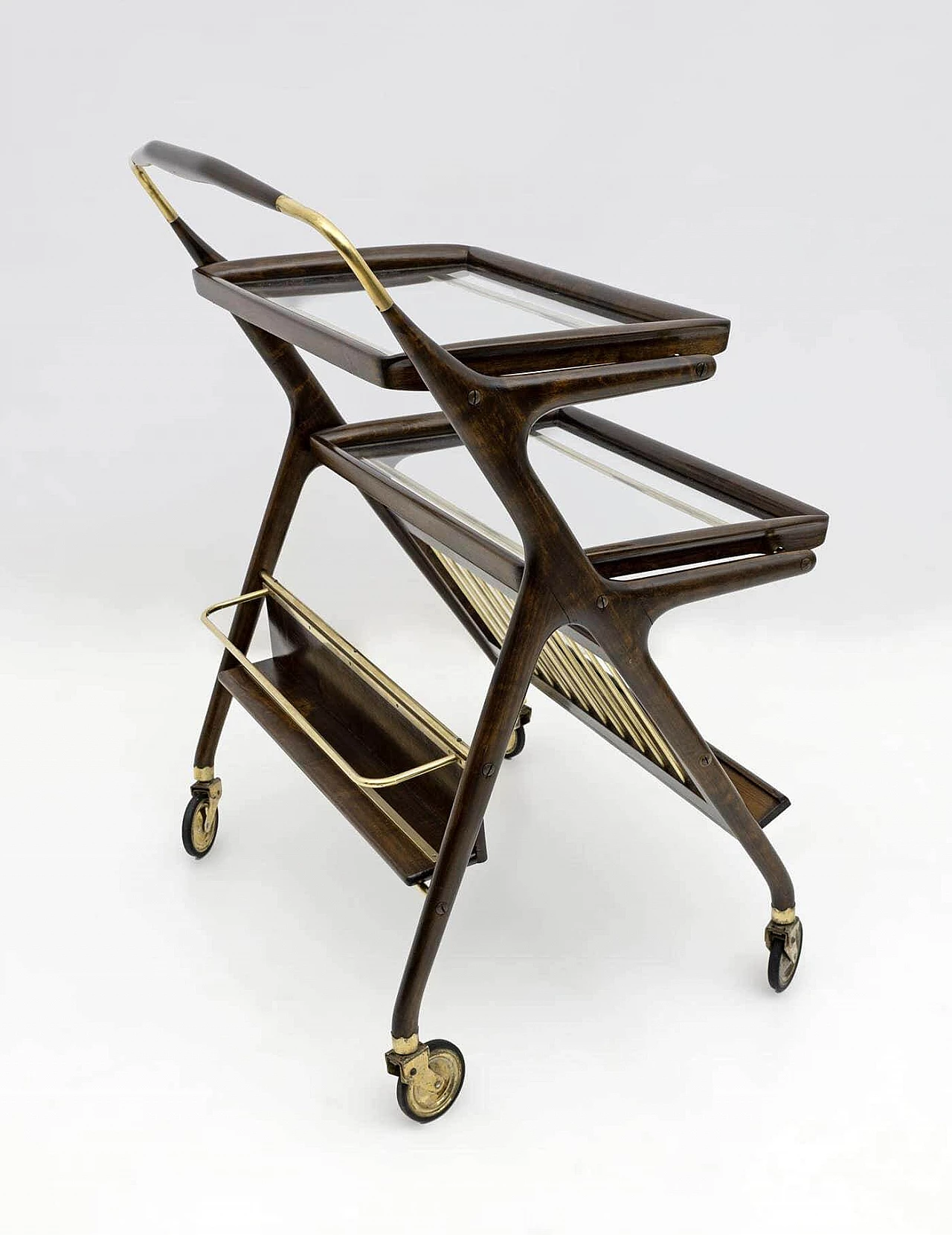 Walnut and brass bar cart by Cesare Lacca for Cassina, 1950s 5