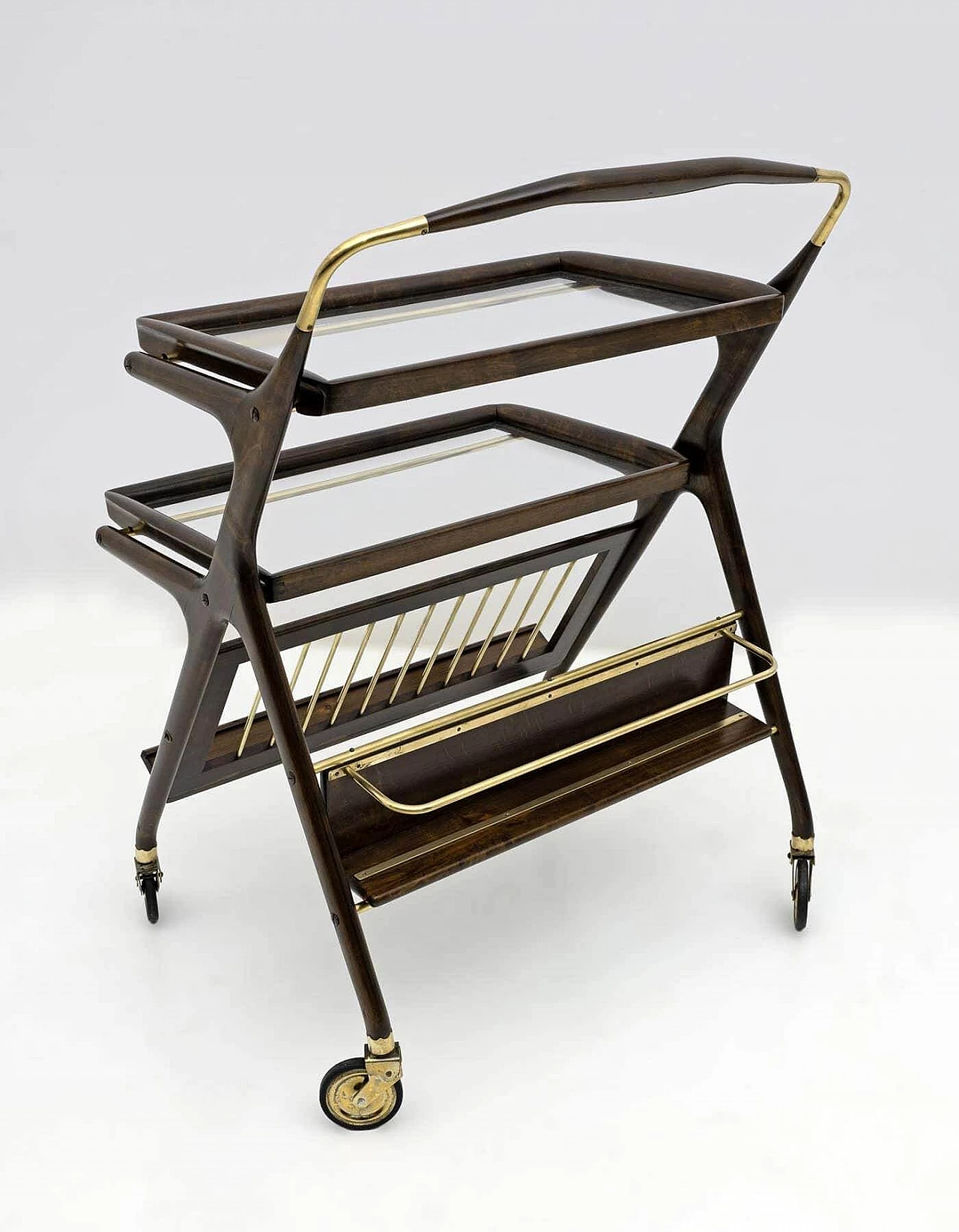 Walnut and brass bar cart by Cesare Lacca for Cassina, 1950s 6