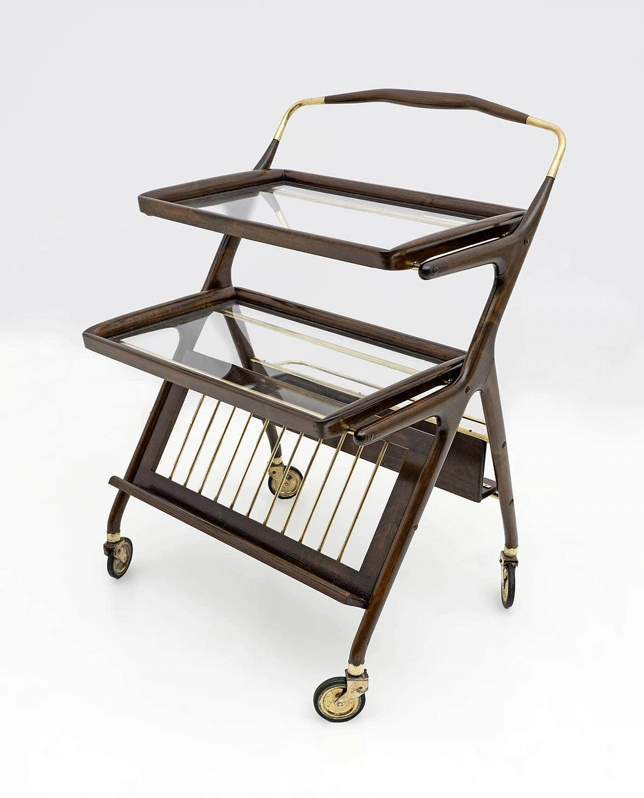 Walnut and brass bar cart by Cesare Lacca for Cassina, 1950s 9