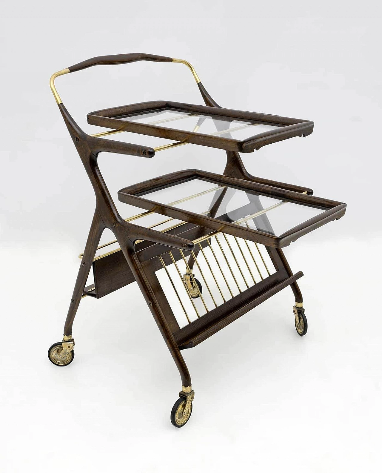 Walnut and brass bar cart by Cesare Lacca for Cassina, 1950s 10