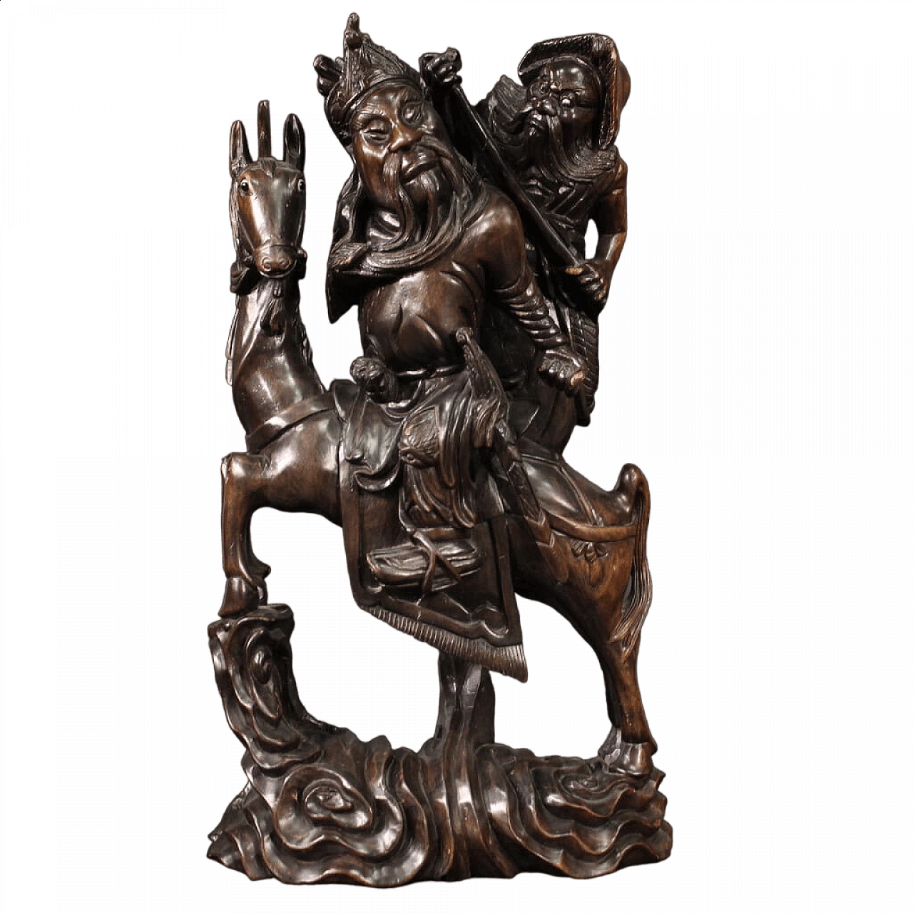 Guerriero a cavallo e figura, scultura in legno esotico 13
