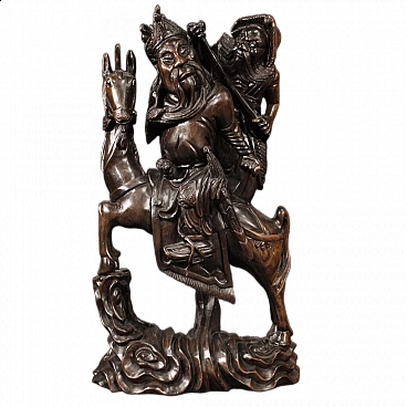 Guerriero a cavallo e figura, scultura in legno esotico