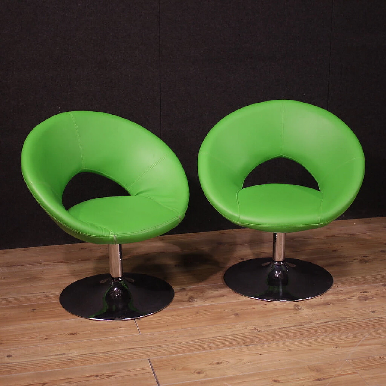 Pair of green faux leather armchairs with chrome-plated metal base, 1980s 1