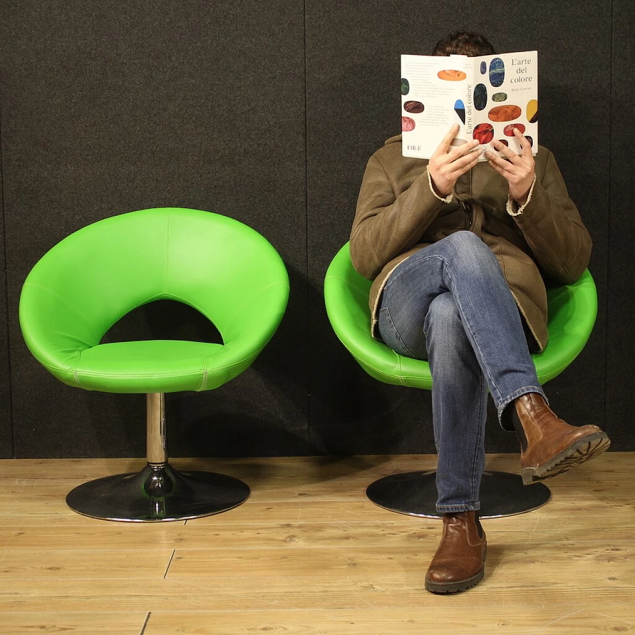 Pair of green faux leather armchairs with chrome-plated metal base, 1980s 2