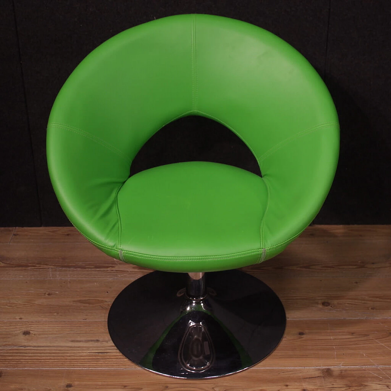 Pair of green faux leather armchairs with chrome-plated metal base, 1980s 3