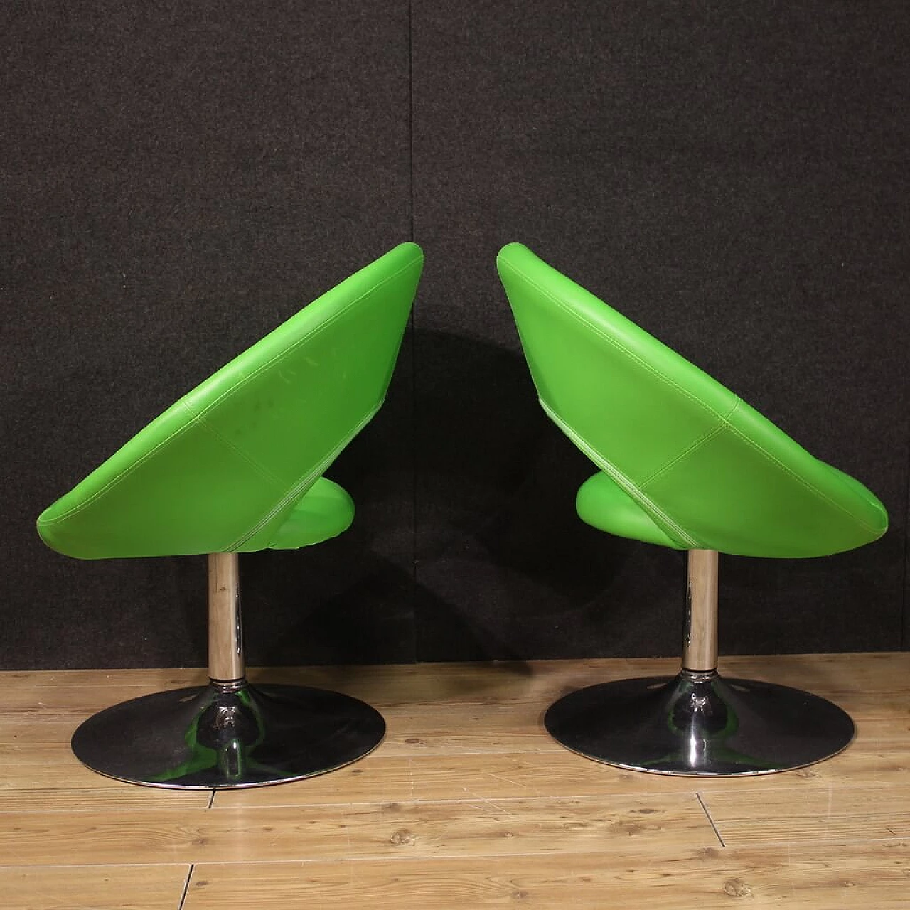 Pair of green faux leather armchairs with chrome-plated metal base, 1980s 4