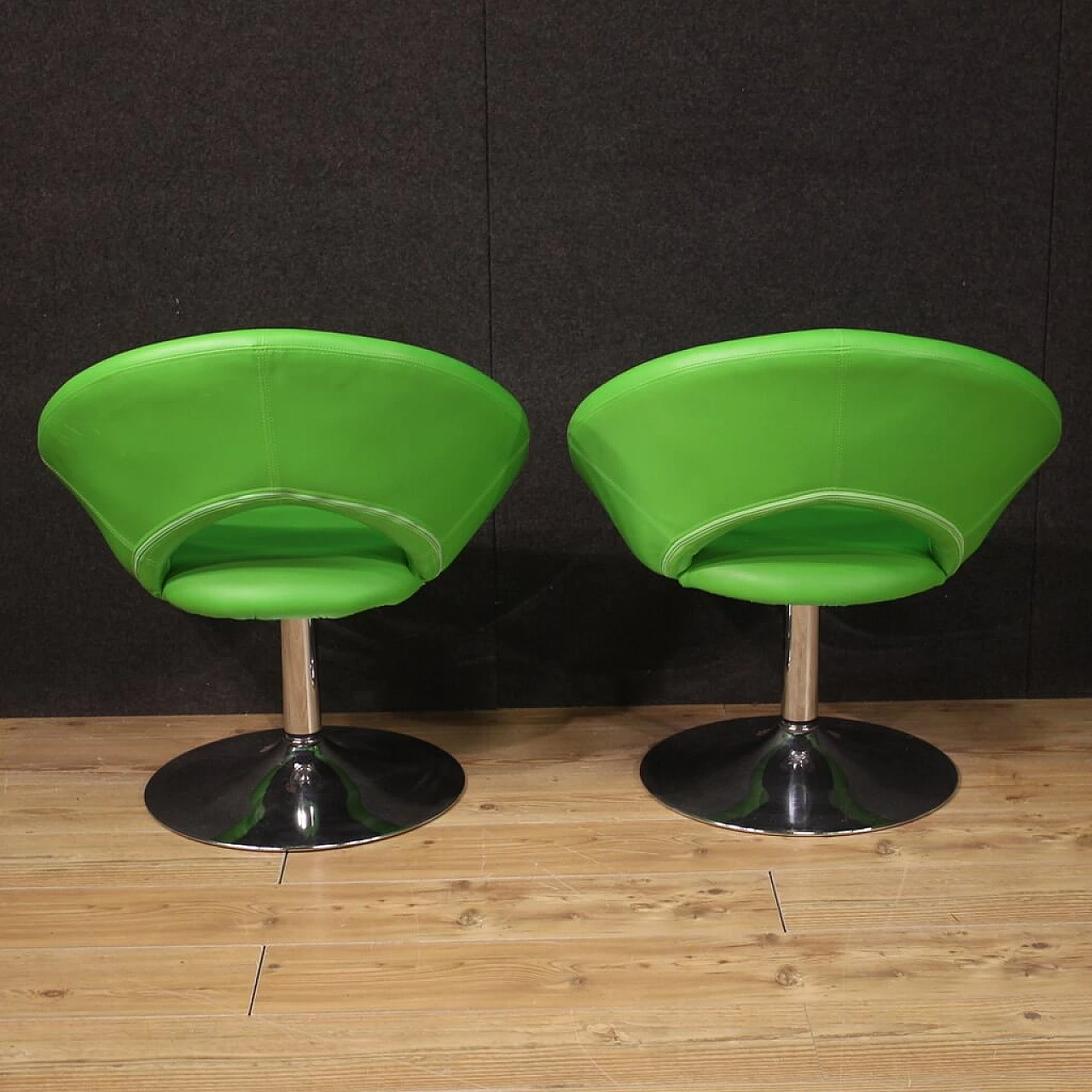 Pair of green faux leather armchairs with chrome-plated metal base, 1980s 5