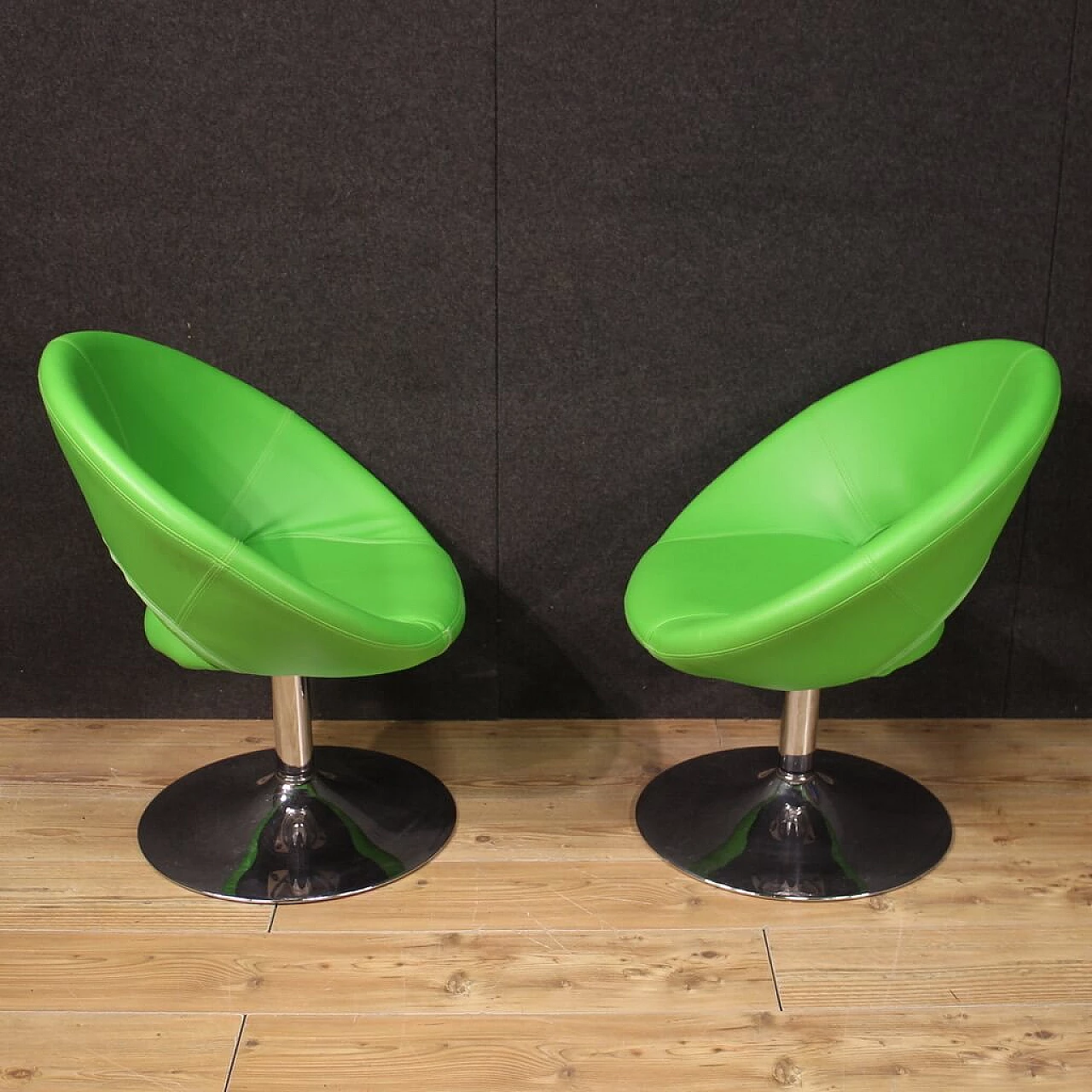 Pair of green faux leather armchairs with chrome-plated metal base, 1980s 7