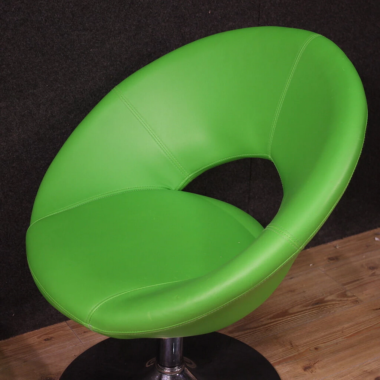 Pair of green faux leather armchairs with chrome-plated metal base, 1980s 8