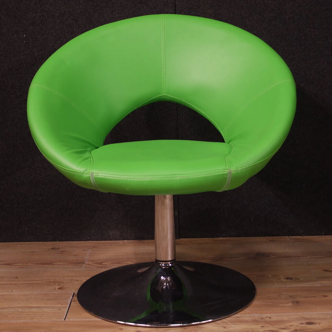 Pair of green faux leather armchairs with chrome-plated metal base, 1980s 12