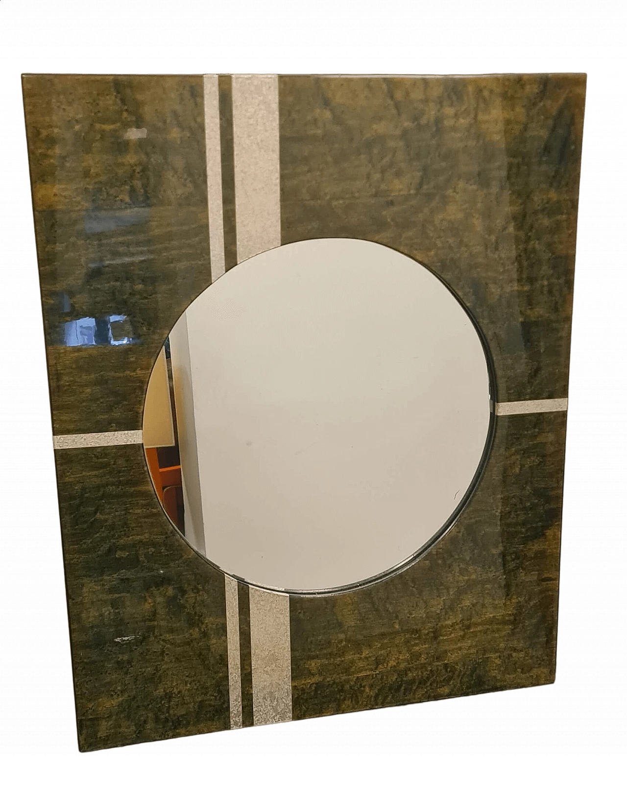 Round mirror with rectangular frame in green lacquered wood, 1970s 7