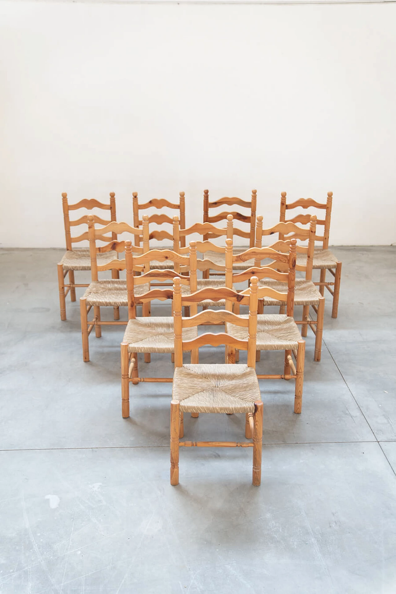 12 Friulian pine chairs, 1980s 4