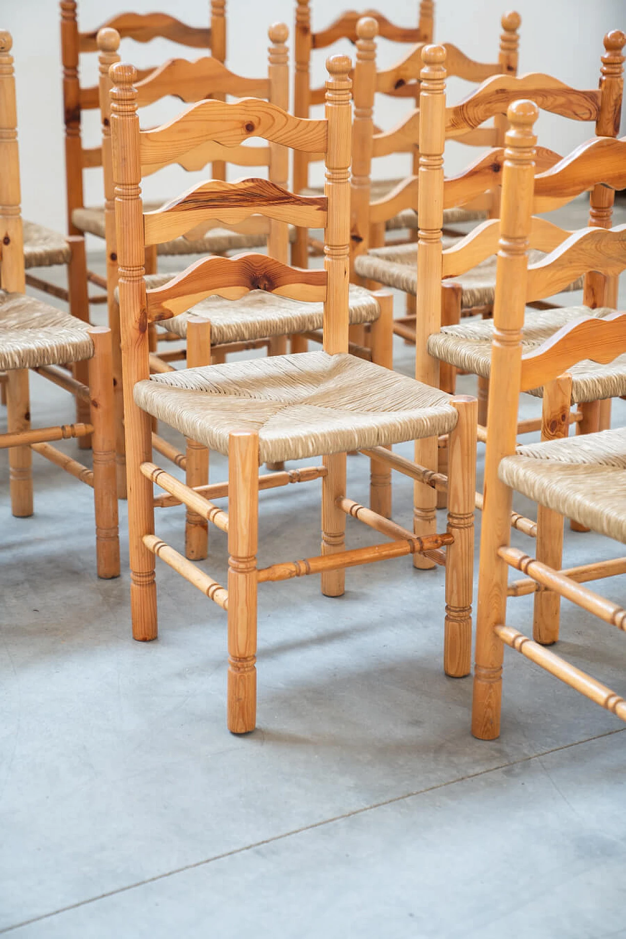 12 Friulian pine chairs, 1980s 5