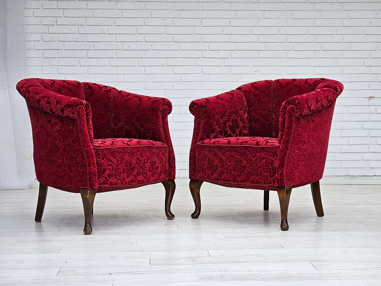 Pair of Danish red fabric and beech armchairs, 1950s 1