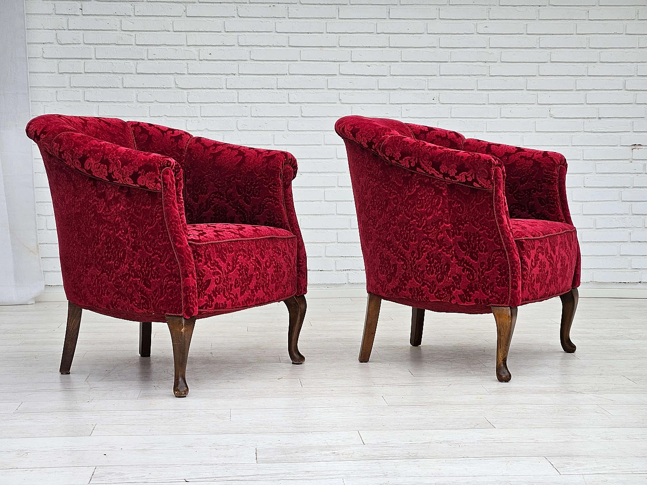 Pair of Danish red fabric and beech armchairs, 1950s 3