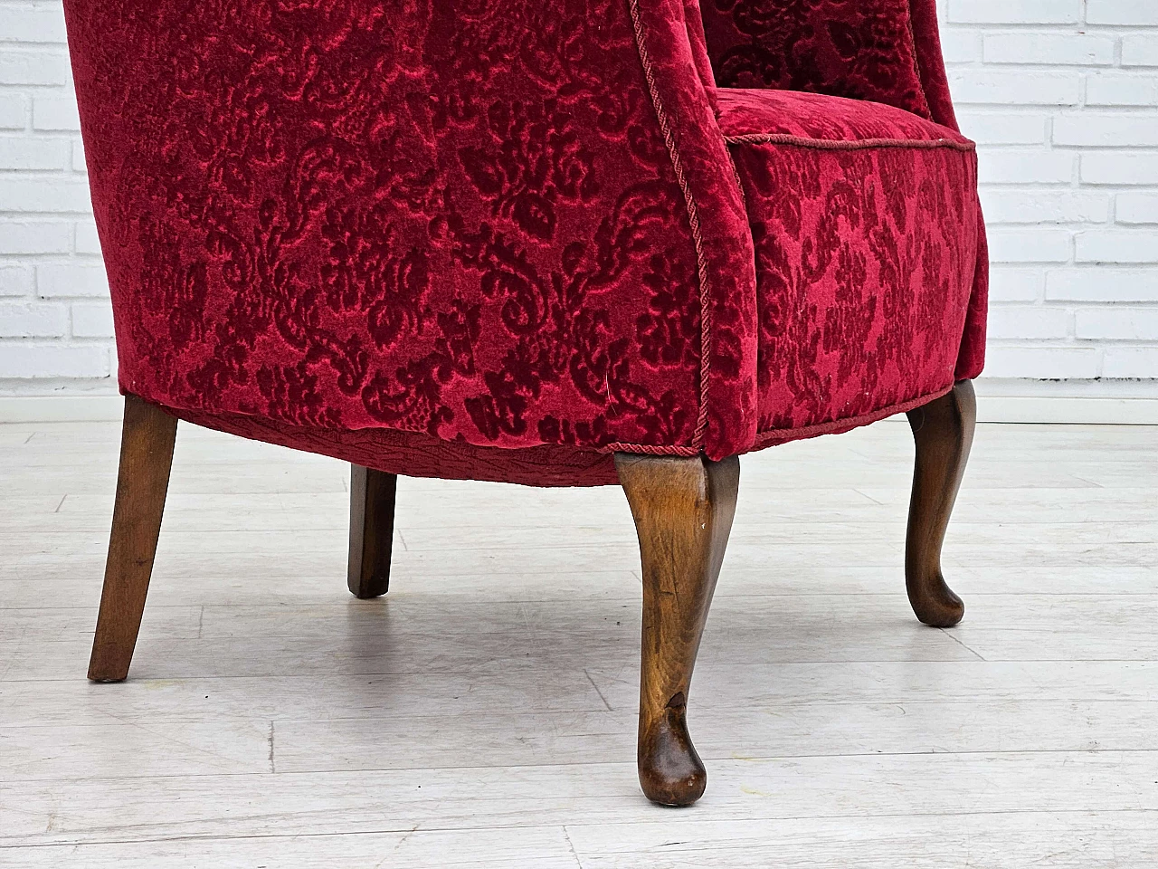 Pair of Danish red fabric and beech armchairs, 1950s 5