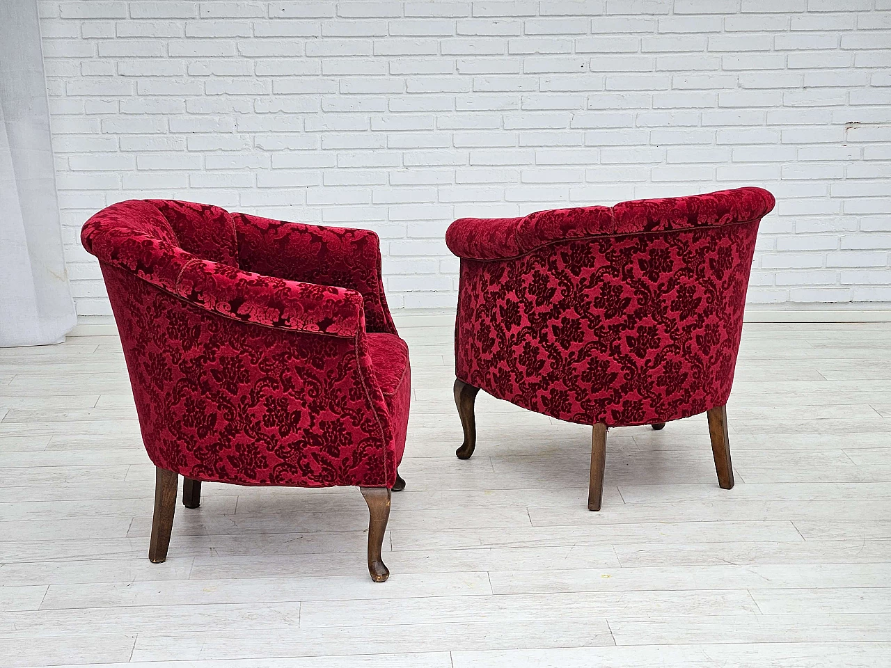 Pair of Danish red fabric and beech armchairs, 1950s 6