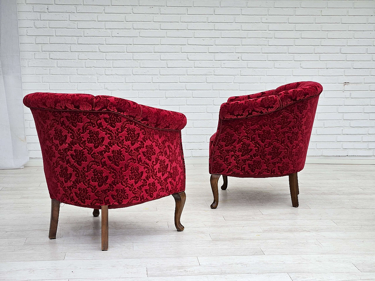 Pair of Danish red fabric and beech armchairs, 1950s 7