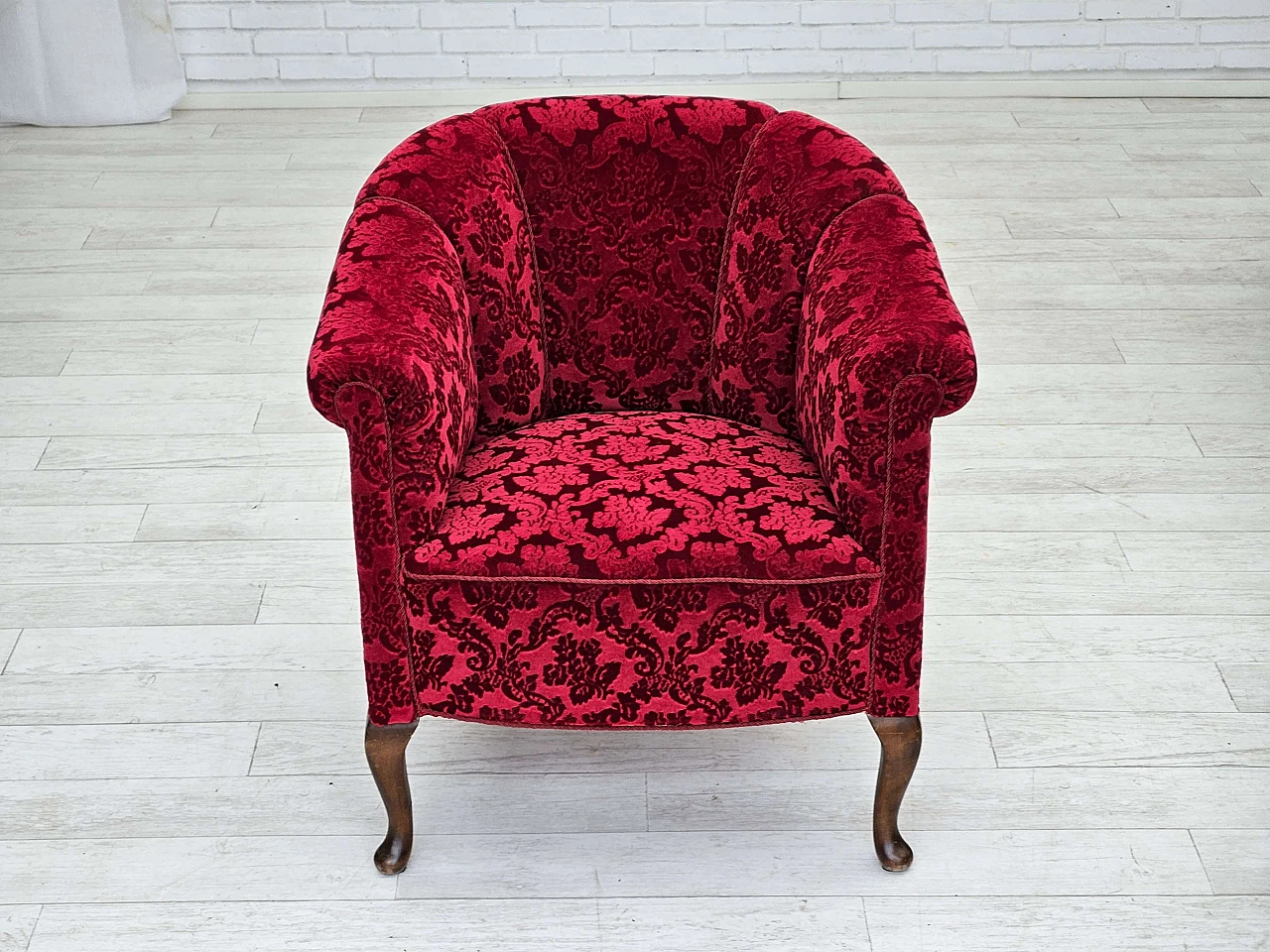 Pair of Danish red fabric and beech armchairs, 1950s 9