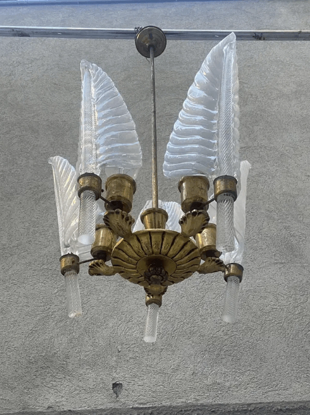 5-leaf Murano blown glass chandelier by Seguso, 1940s 11